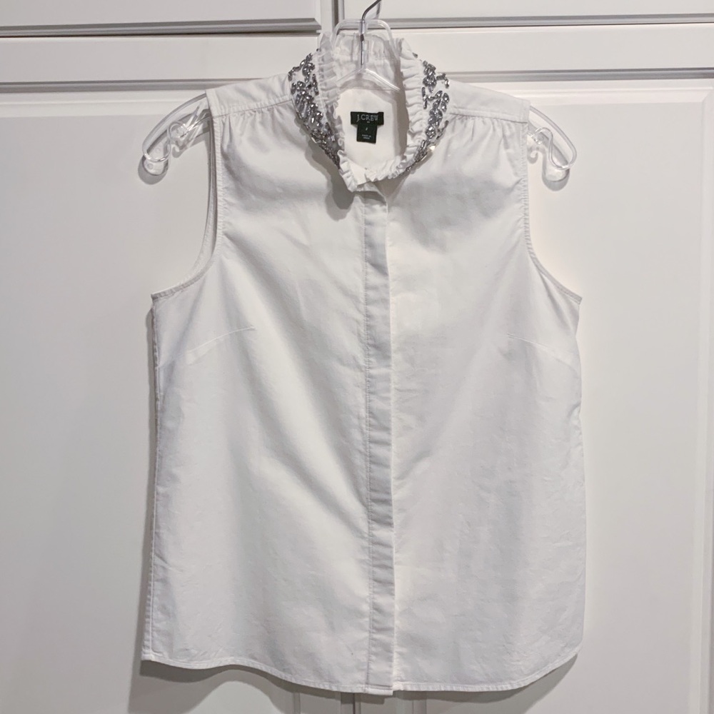 JCrew White Tilda Rhinestone Sleeveless Ruffle Top Blouse Size 2